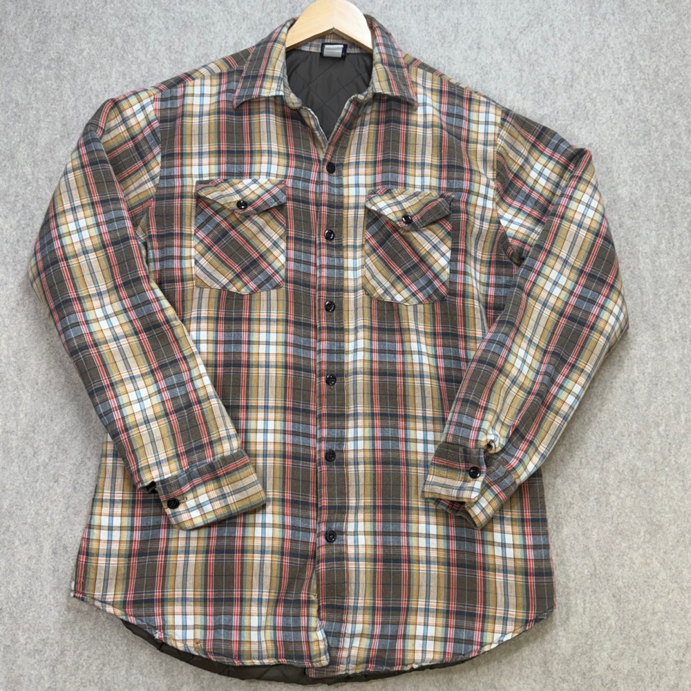 Vtg JCPenney Flannel Shirt Jacket Men L Tall Brown Plaid Lined Workwear Made USA